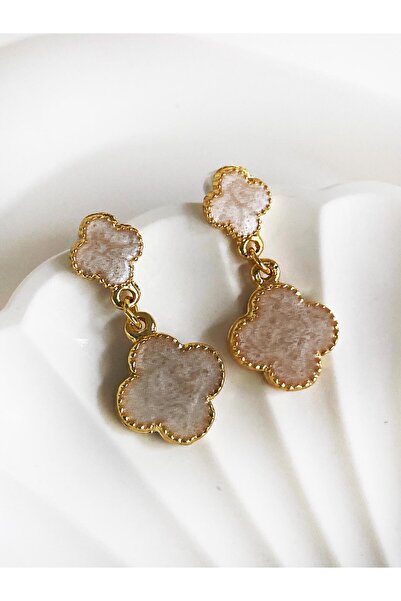 ı feel free more then ever that moment Özel Tasarım Altın Kaplama El Yapımı Beyaz Mine Kaplamalı Yonca Sallantılı Küpe