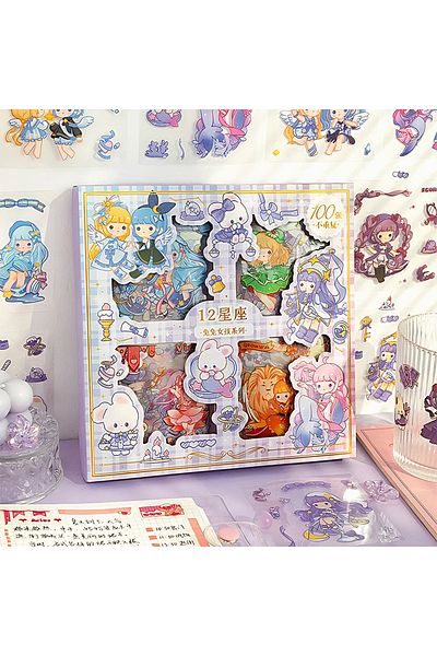 GUGUK 100 Sheets 4-Section Fairy Girl and Animals Themed Sticker Set - Bullet Journal (Ggk-Dg042)
