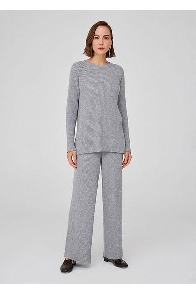 Peraluna Gray Melange Women's Knitwear Sweater - Loose Cut and Slit