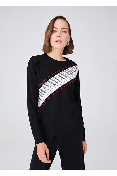 Peraluna Pulover de damă subțire cu gât crew cu model pian - negru/ecru