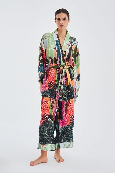 Peraluna Shuko Tropical Patterned Wide Sleeve Satin Women's Kimono - Multi Color