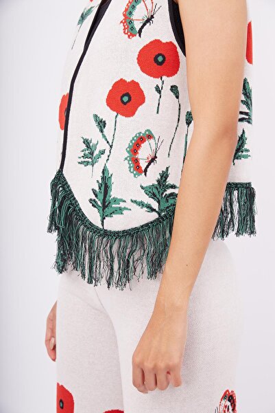 Peraluna Poppy Waistcoat Poppy Pattern V-Neck Skirt with Tassel Detail Relaxed Cut Women's Knitwear Vest -