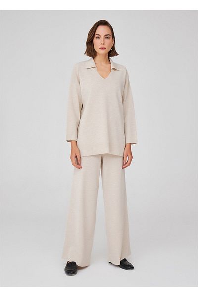 Peraluna Polo V-Neck Loose Cut Women's Knitwear Sweater - Ecru Melange