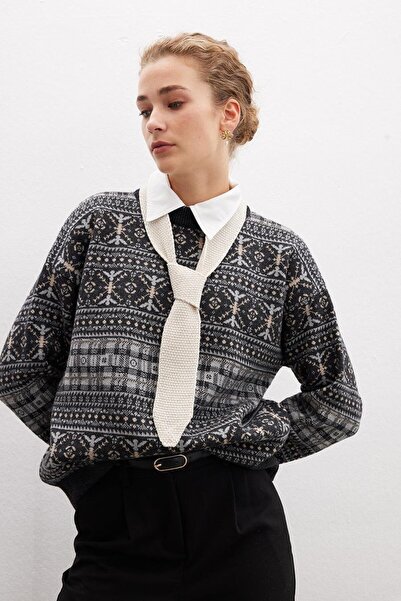 Peraluna Clover Tıe Kadın Triko Kravat - Ekru