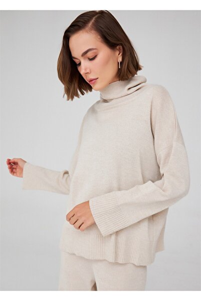 Peraluna Turtleneck Turtleneck Loose Cut Women's Knitwear Sweater - Ecru Melange