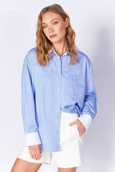 Manche Long Sleeve Oversize Striped Shirt with Collar Cuff and Back Detail |   Blue Mks 169143 -01