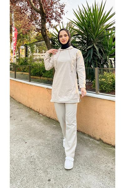 Bwest Hooded O Neck Plain Basic Double Tracksuit Sport Set - 03039.027 - Ecru