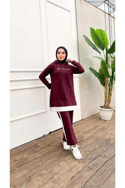Bwest Hooded Text Printed Short Sweat Pants and Hijab Tracksuit Set - 03080.020