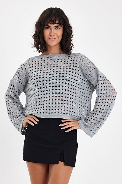 Chiccy Gray Boat Neck Long Sleeve Openwork Casual Crop Knitwear Sweater 50 60