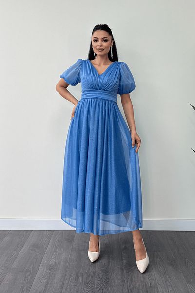 giyimmasalı Tulle Glitter Fabric Gather Detailed Midi Dress - Indigo