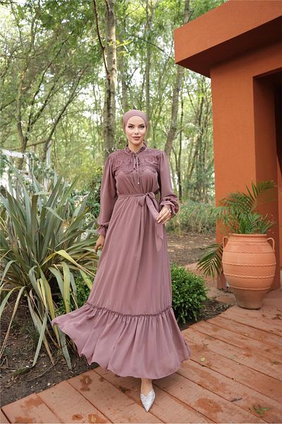Bwest Long Chiffon Dress with Lace Detail on Waist and Neck Lace - 50019.048 - Onion