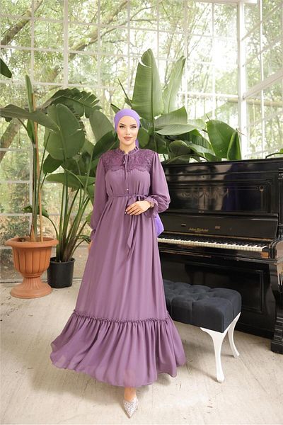 Bwest Long Chiffon Dress with Lace Detail on Waist and Neck Lace - 50019.013 - Purple