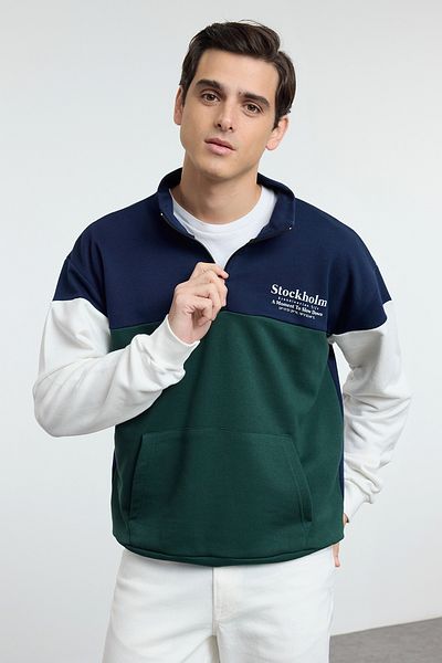 Trendyol Collection Σμαραγδένιο Πράσινο Oversize/Wide Cut Color Block Stand γιακά με φερμουάρ χωρίς ράχη φούτερ TMNAW25SW00052