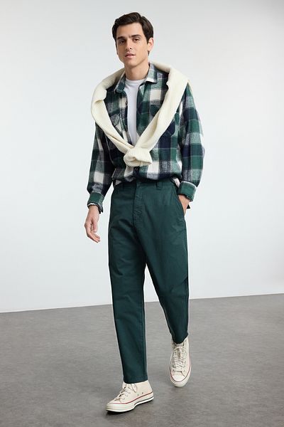 Trendyol Collection Πράσινο μπαλόνι, βαμβακερό υφαντό παντελόνι Gabardine TMNAW25PL00020