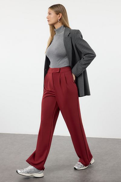 Trendyol Collection High Waist Claret Red Velcro Pleated Wide Leg Trousers - Twoaw24Pl00177