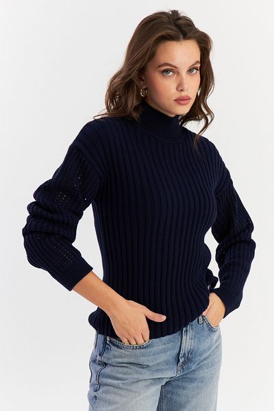 Cool & Sexy Marineblaue Strickbluse mit Netzärmeln für Damen YV288