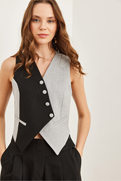 Olalook Kadın Gri Siyah Renk Bloklu Astarlı Premium Yelek YLK-19000033