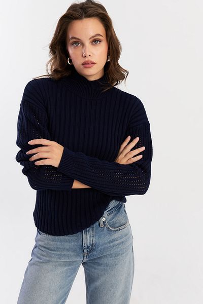 Cool & Sexy Marineblaue Strickbluse mit Netzärmeln für Damen YV288