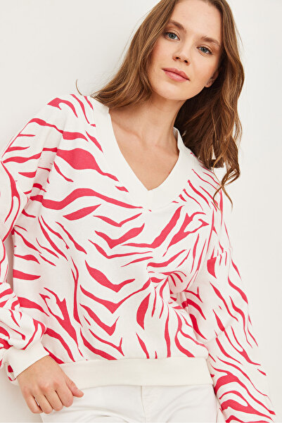 Olalook Silná dámská mikina s fuchsiovým výstřihem do V se vzorem Zebra - Swt- 19000677