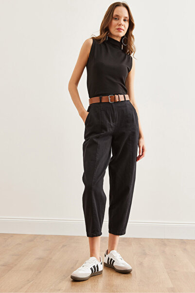 Olalook Kadın Siyah Kemerli Dikiş Detaylı Baggy Gabardin Pantolon PNT-19000292