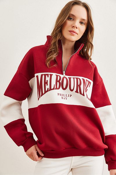 Olalook Hanorac oversize pentru damă, cu blocuri de culoare burgundy - SWT cu fermoar- 19000680