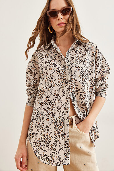 Olalook Dámská popelínová košile Little Leopard Ecru Hidden Placket Gml- 19000867