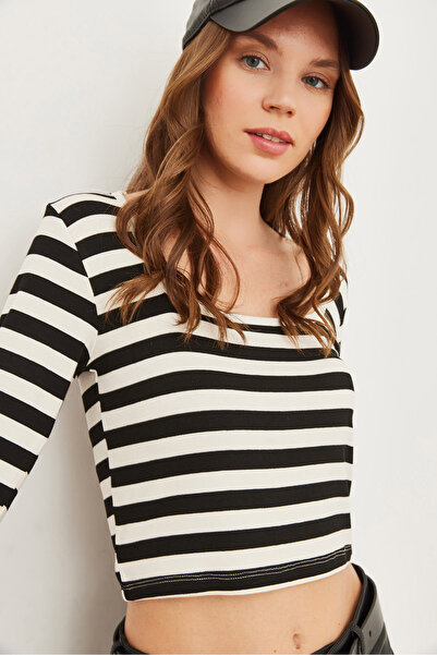 Olalook Γυναικεία ελαστική μπλούζα με χοντρή ριγέ μαύρη τετράγωνη λαιμόκοψη BLZ- 19002770