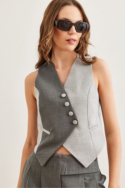 Olalook Grau geräucherte Farbblock-gefütterte Premium-Weste für Damen YLK- 19000033