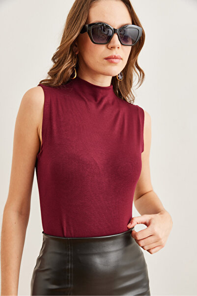 Olalook Women's Burgundy Stand Collar Soft Touch Flexible Blouse Blz- 19002766