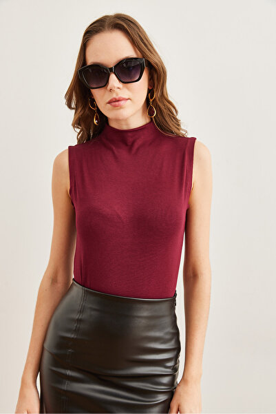 Olalook Women's Burgundy Stand Collar Soft Touch Flexible Blouse Blz- 19002766