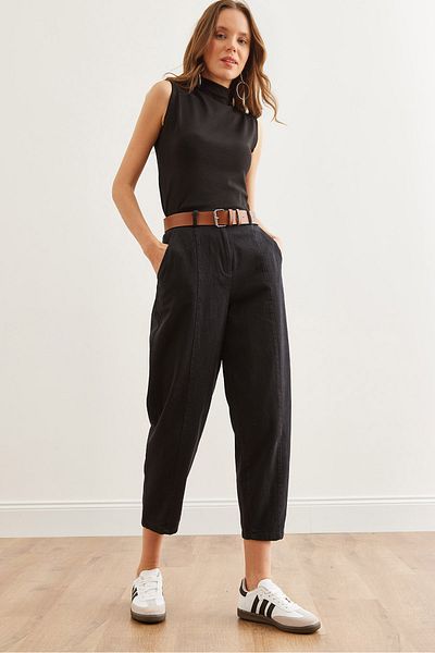 Olalook Dámské černé páskové prošívání detailní Baggy Gabardine kalhoty Pnt- 19000292
