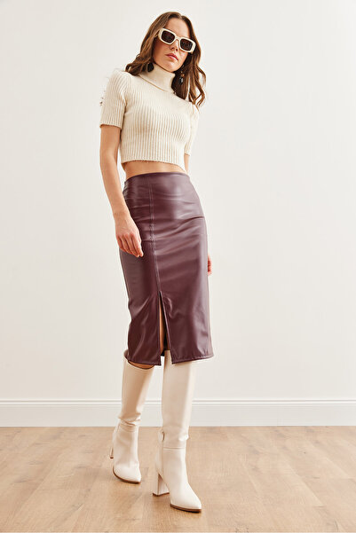 Olalook Women's Burgundy Slit Midi Faux Leather Skirt with Side Zipper Etk- 19000279