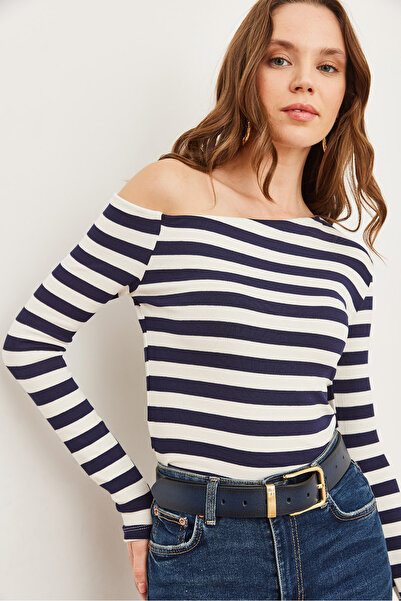 Olalook Γυναικεία ελαστική μπλούζα με χοντρή ριγέ μπλε ναυτική ριγέ Premium Soft Touch Boat Neck BLZ- 19002448