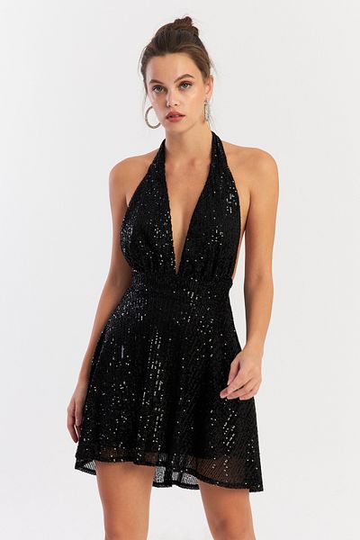 Cool & Sexy Schwarzes, rückenfreies, mit Pailletten gefüttertes Mini-Weihnachtskleid für Damen DCF046