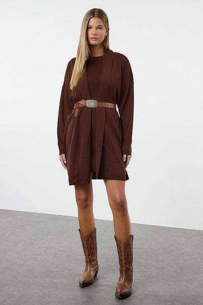 Trendyol Collection Hnědé mini pletené šaty-kardigan Twoaw25El00058