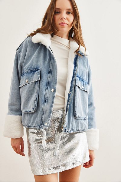 Olalook Blauer Damen-Jeansmantel mit Fell innen und Ärmeln MNT- 19000041