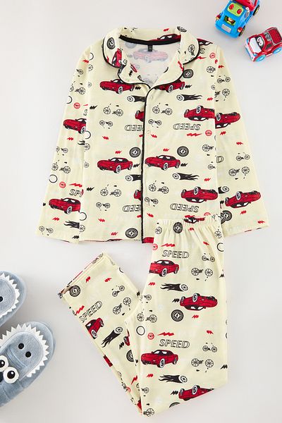 TRENDYOLKIDS طقم بيجامة محبوكة مطبوعة باللون الأصفر للأولاد - TKDAW25AU00110