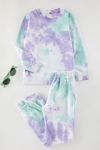 TRENDYOLKIDS Girl's Lilac Tie-Dye Sweatshirt and Sweatpants Set - 100% Cotton Tkdaw25Au00116