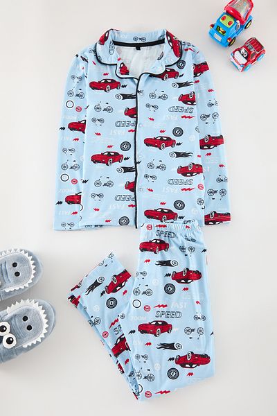TRENDYOLKIDS Chlapecký pyžamový set - Baby Blue, potištěný, pletený vrchní a spodní díl Tkdaw25au00110