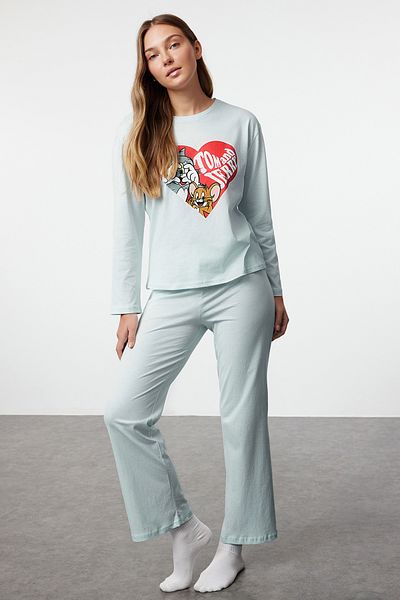 Trendyol Collection Set de lenjerie de dormit din bumbac albastru cu licență Tom&Jerry - THMAW25PT00159