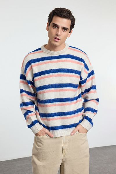 Trendyol Collection Túlméretes csíkos kötöttáru pulóver - nyakú, többszínű TMNAW25KZ00048
