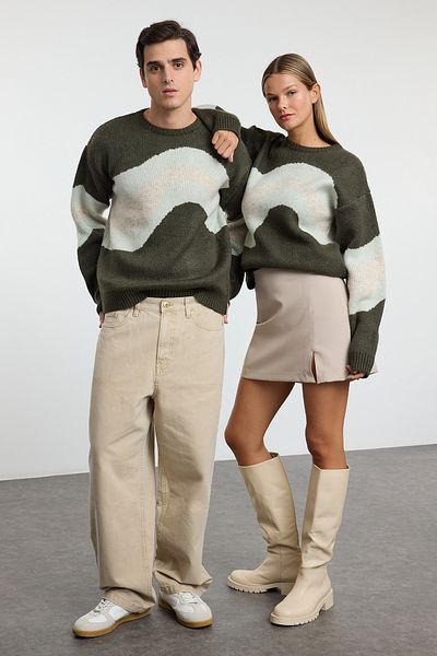 Trendyol Collection Πράσινο Ethnic Πλεκτό Πουλόβερ - Crew Neck, κανονική εφαρμογή Tmnaw25kz00044