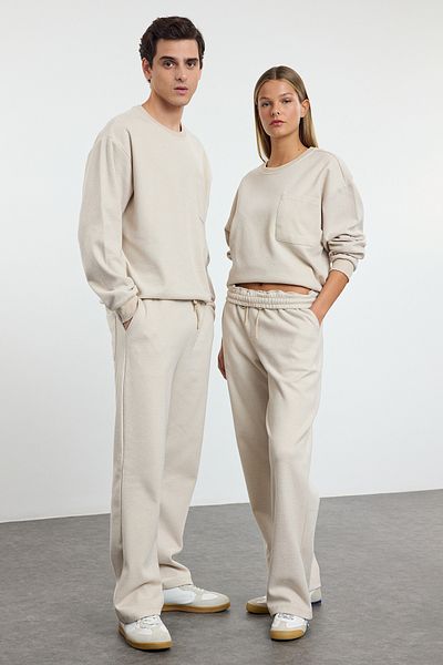 Trendyol Collection Unisex-Oversize-Trainingsanzug-Set – Stone TMNAW25EM00003