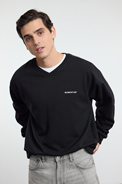 Trendyol Collection Černá unisex oversize/široký střih fleece uvnitř potištěná mikina s výstřihem do V Tmnaw25Sw00157