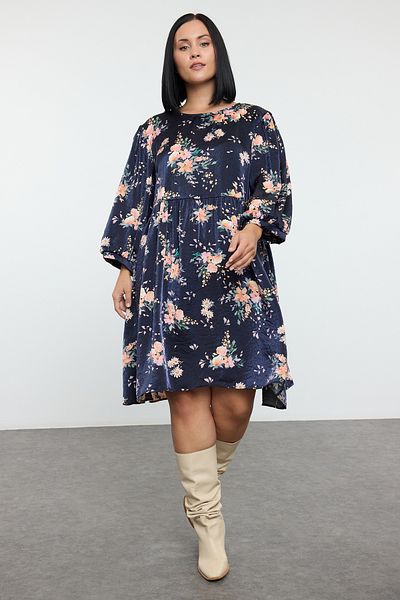 Trendyol Collection Μίνι φλοράλ φόρεμα Navy Blue Plus Size - Crew λαιμόκοψη, μανίκι με μπαλόνι, υφαντό TBBAW25AH00091