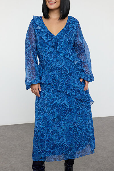 Trendyol Curve Sötétkék sifon szőtt nagy méretű ruha TBBAW25AH00089