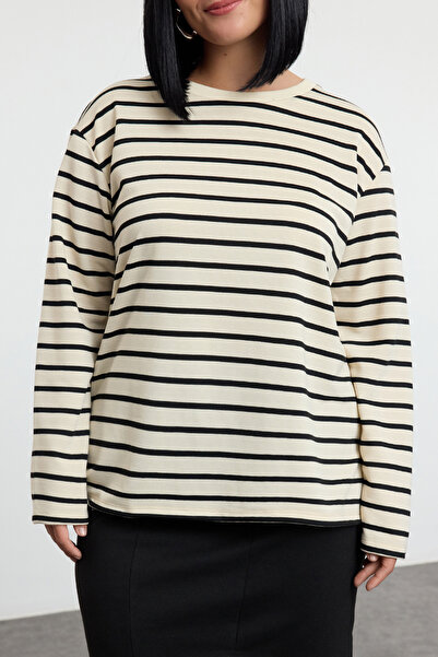 Trendyol Curve Béžová mikina s výstřihem a výstřihem proužkovaná velká velikost Tbbaw25Ao00041