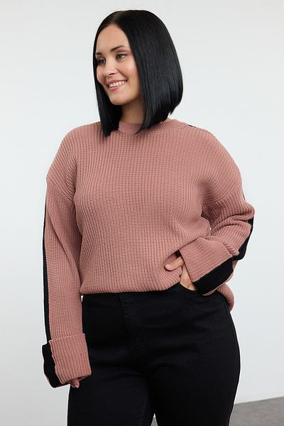Trendyol Curve Dried Rose Knitwear Sweater - Stripe Detailed and Folded Sleeve Tbbaw25An00052