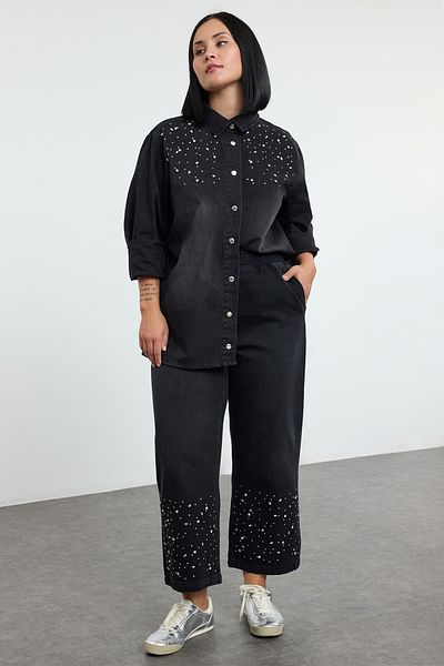 Trendyol Curve Plus Size Anthracite Stone Λεπτομερές ίσιο τζιν - Ελαστική μέση TBBAW25CJ00007