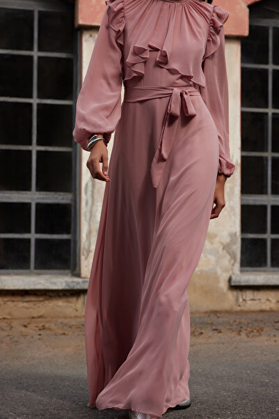 Trendyol Modest Βραδινό φόρεμα από σιφόν Dusty Rose - Λεπτομέρεια βολάν, TCTAW25DB00017